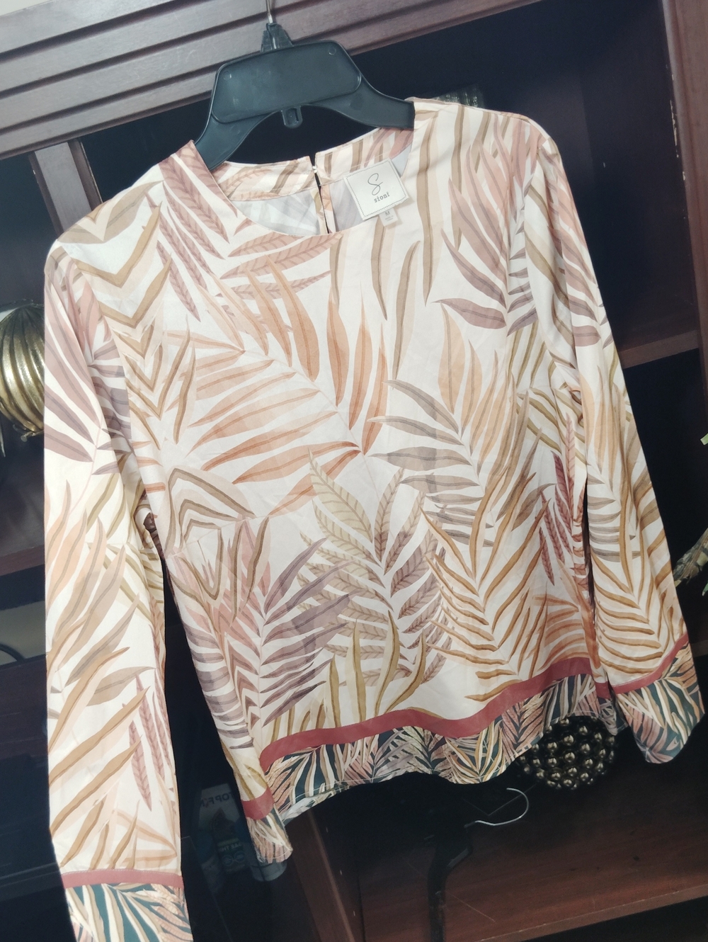Sioni Cream, Tan & Blush Botanical-Print Long Sleeve Tunic